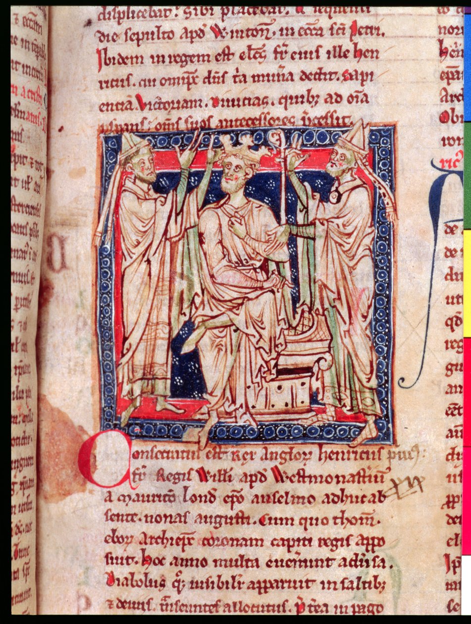 Ms 6712 (A.6.89) fol.129r Henry I (1068-1135), miniature fra Flores Historiarum, af Matthew Paris, 1250-52 af English School