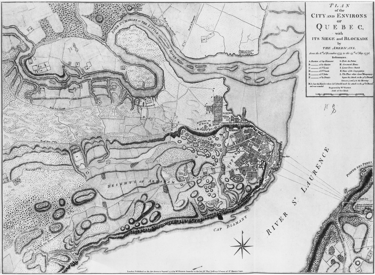 Ms A 224 f.8 Kort over byen og omegn af Quebec med dens belejring og blokade af amerikanerne, illustration fra 