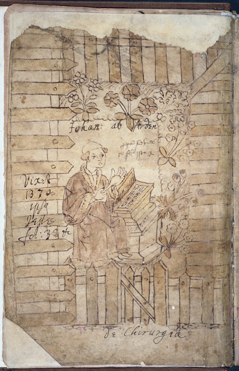 Ms Hunter 112 f.1v Arderne i Urtehaven, form Incerti Avctoris af Johannis Arderne af English School