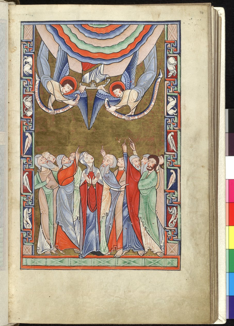 Ms Hunter 229 f.14r The Ascension, fra Hunterian Psalter, c.1170 (pen & blæk og tempera på vellum) af English School