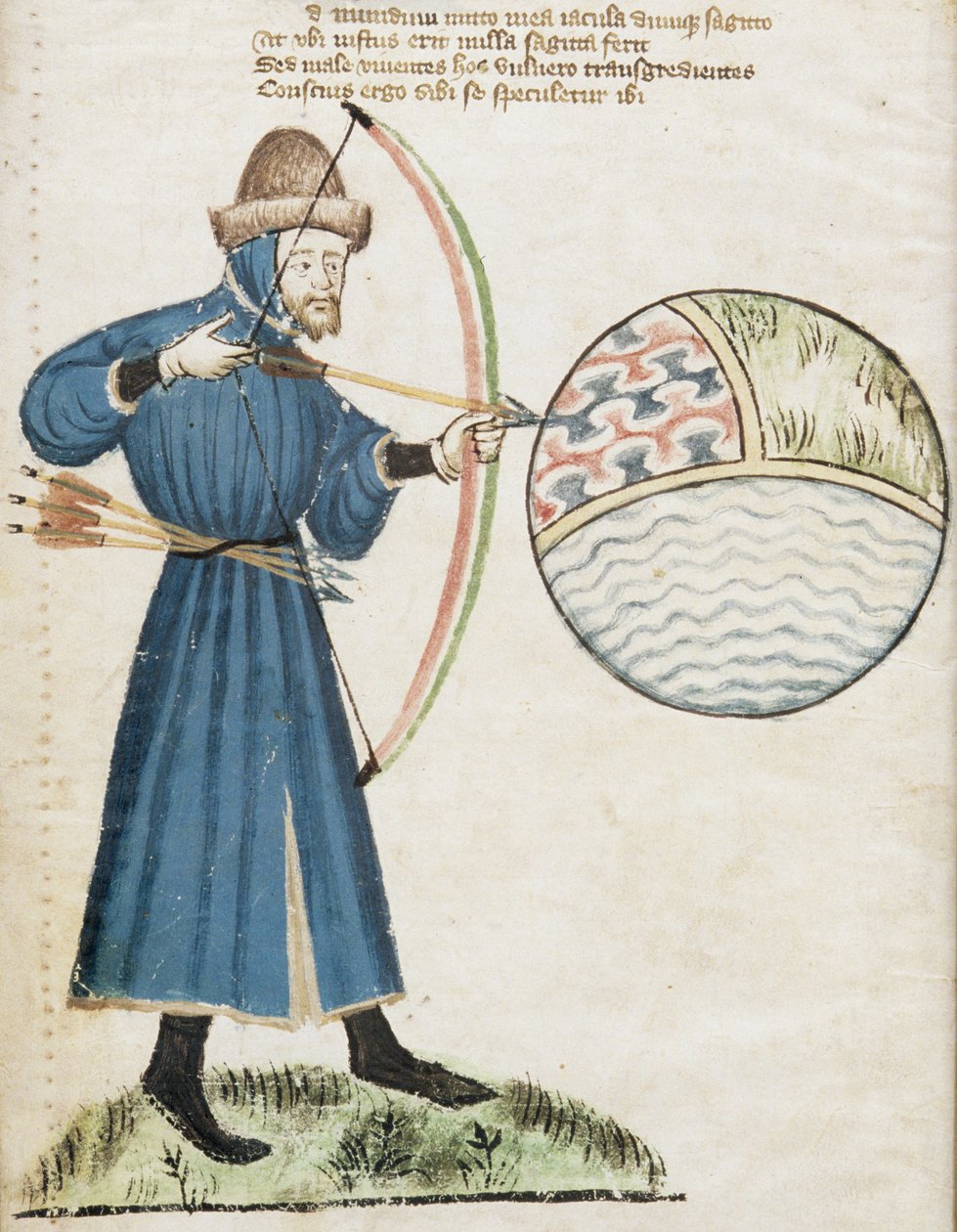 Ms Hunter 59 f.6v Archer Fire at a Globe, fra Vox Clamatis af John Gower (1330-1408) af English School