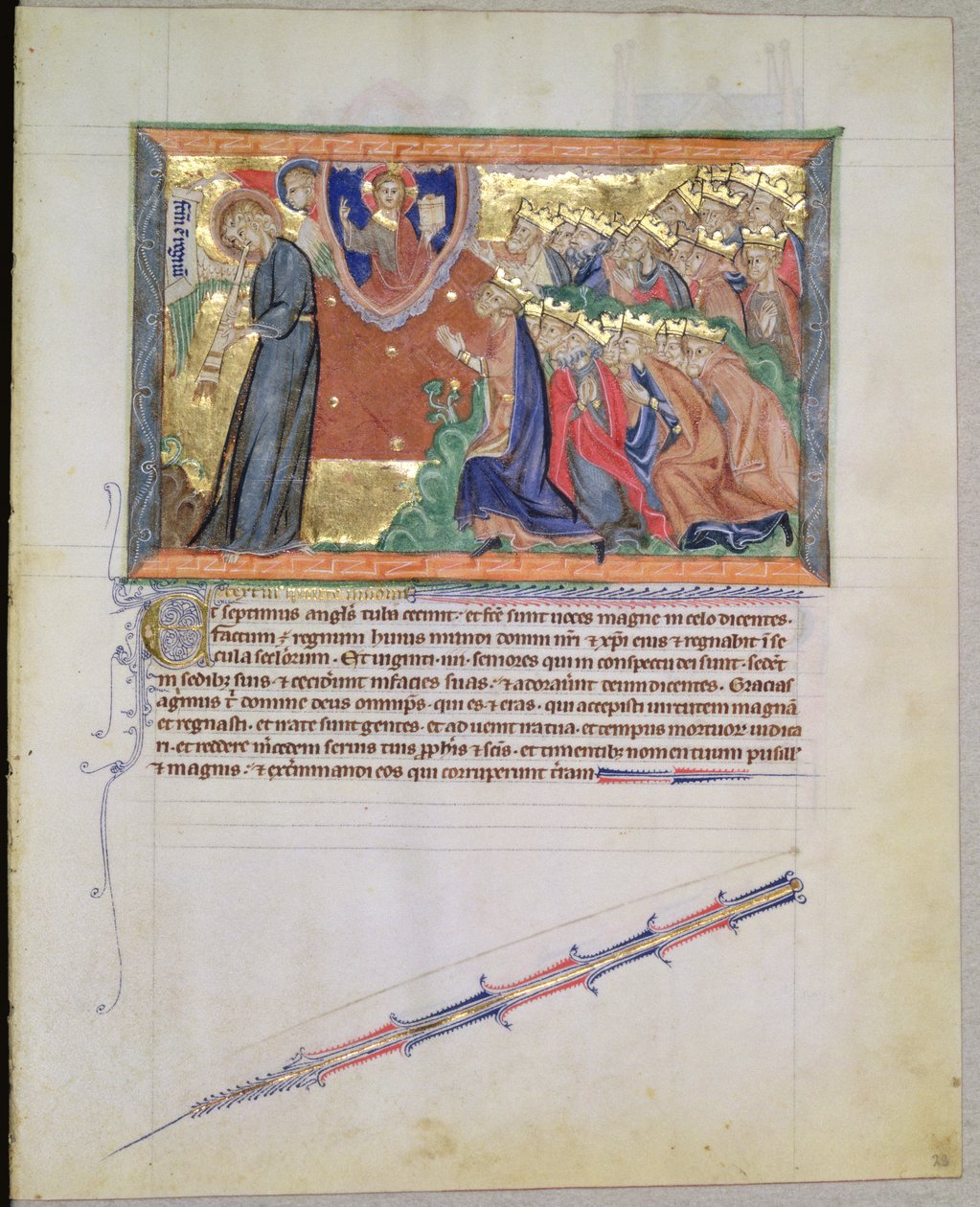 Ms L.A. 139-Lisboa fol.28 Den 7. engel blæser i sin trompet og de 24 ældste, der tilbeder Gud, fra Gulbenkian Apocalypse, ca. 1265-70 af English School