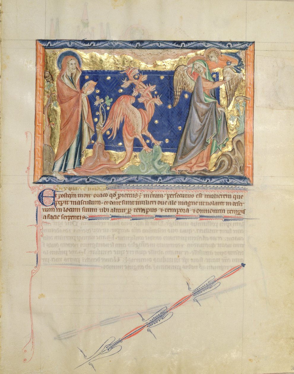Ms L.A. 139-Lisboa fol.31 St. John ser en engel hjælpe kvinden med at flygte fra den røde drage, fra Gulbenkian Apocalypse, ca. 1265-70 af English School