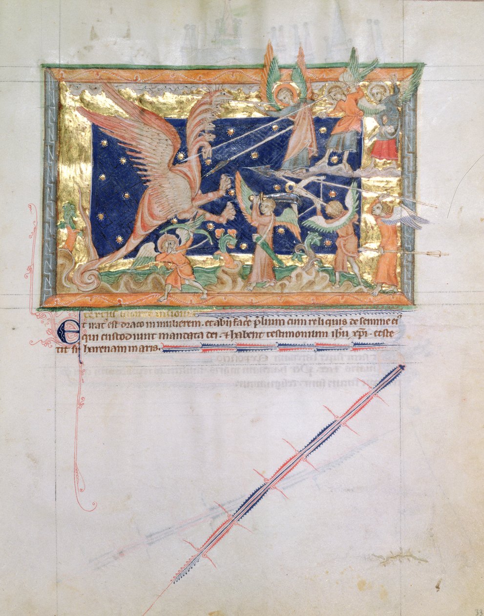Ms L.A. 139-Lisboa fol.33 Dragen, der fører krig med de troende, fra Gulbenkian Apocalypse, c.1265-70 af English School
