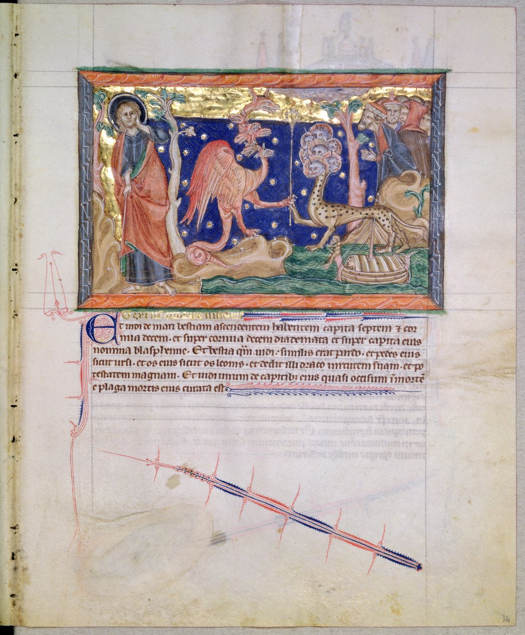 Ms L.A. 139-Lisboa fol.34 Den røde drage overdrager sin magt til havets udyr, fra Gulbenkian Apocalypse, c.1265-70 af English School