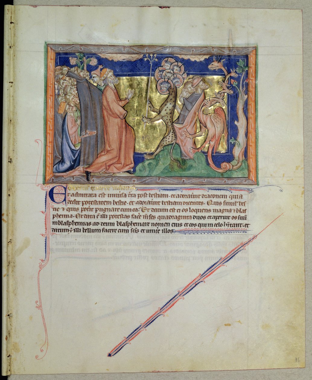 Ms L.A. 139-Lisboa fol.35 Folket, der tilbeder udyret og dragen, fra Gulbenkian Apocalypse, c.1265-70 af English School
