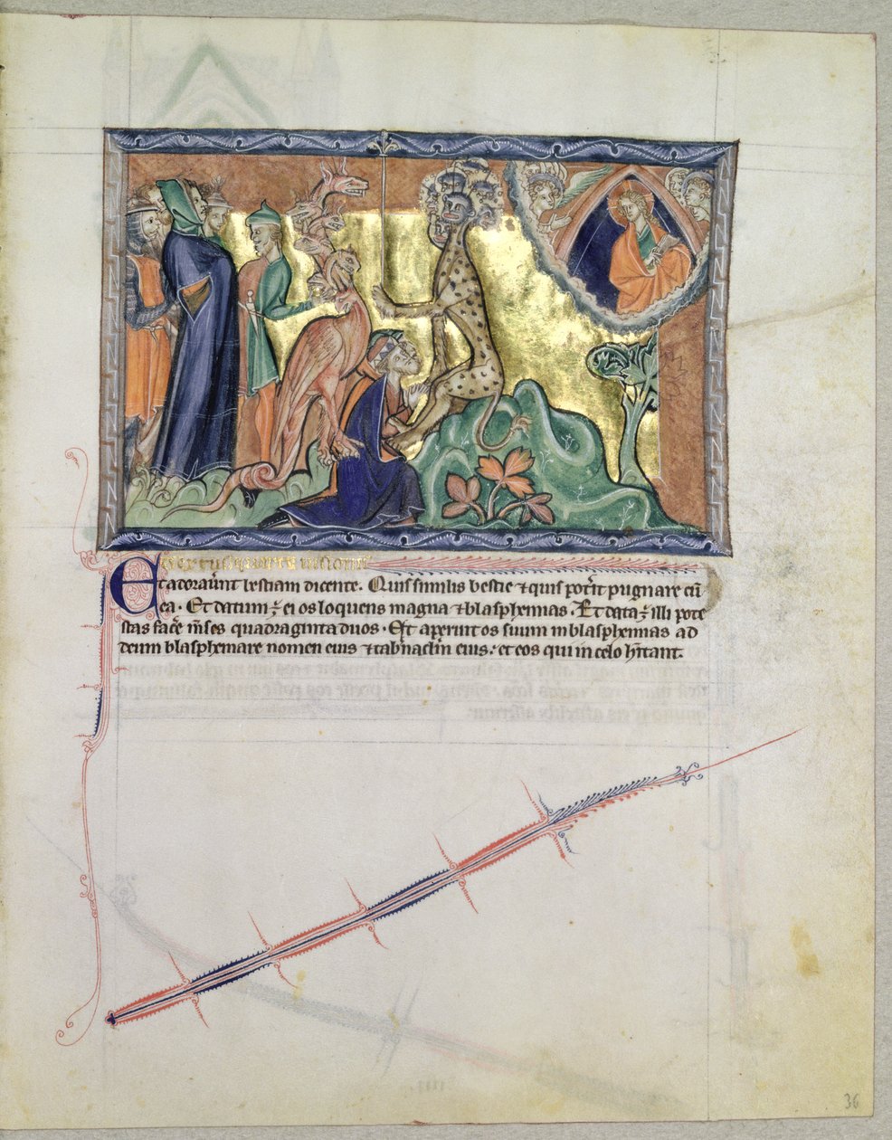Ms L.A. 139-Lisboa fol.36 Herren ser på folket tilbede havets dyr i nærværelse af den røde drage, fra Gulbenkian Apocalypse, ca. 1265-70 af English School