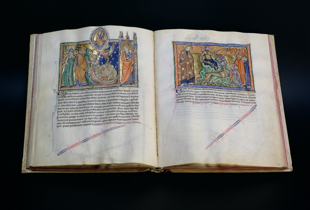 Ms L.A. 139-Lisboa fol.37 v-38 Dyret, der spotter Guds navn, og folket, der tilbeder det 3. og 2. dyr, fra Gulbenkian Apocalypse, ca. 1265-70 af English School