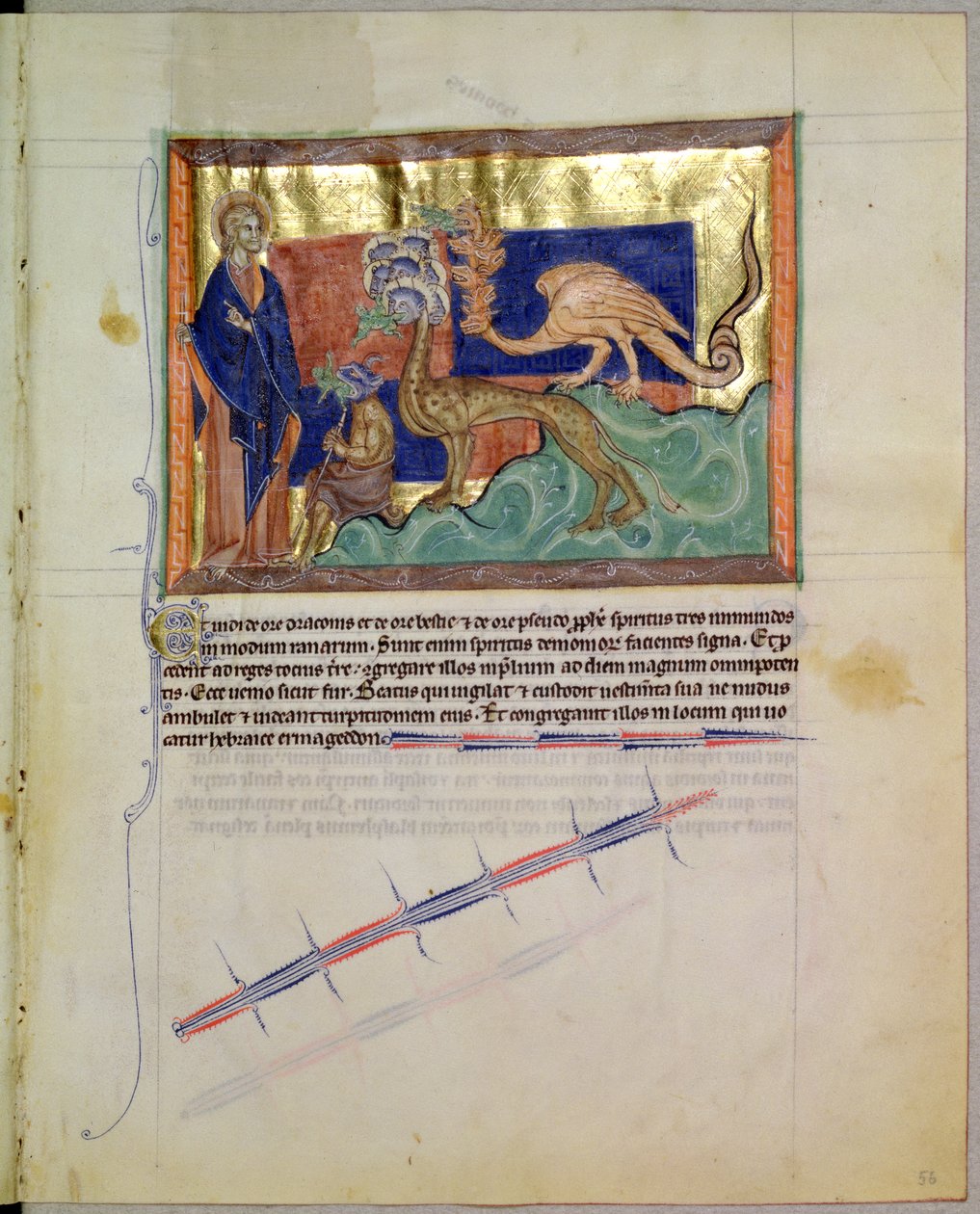 Ms L.A. 139-Lisboa fol.56 St. John the Evangelist ser på frøer, der udkommer fra munden på de 3 dyr, fra Gulbenkian Apocalypse, c.1265-70 af English School