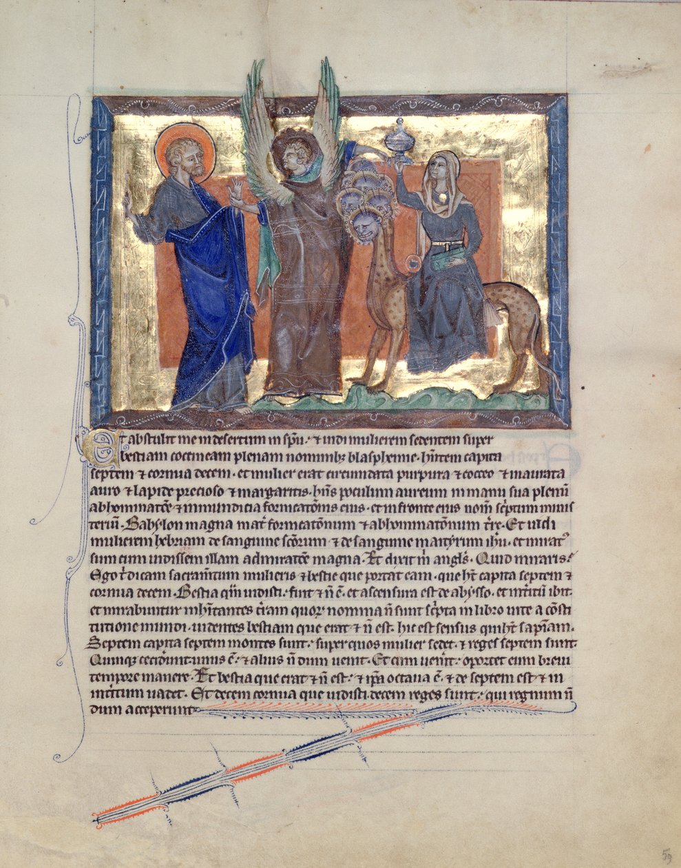 Ms L.A. 139-Lisboa fol.59 En engel fører St. Johannes Evangelisten til Babylons Skøge, fra Gulbenkian Apocalypse, ca. 1265-70 af English School