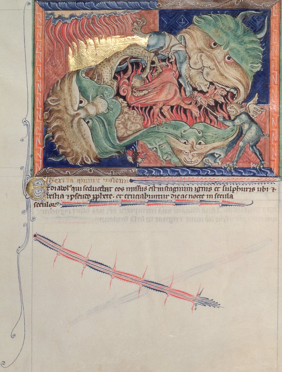 Ms L.A. 139-Lisboa fol.71 Helvedes kæber, der sluger den røde drage, havets og jordens dyr, fra Gulbenkian Apocalypse, ca. 1265-70 af English School