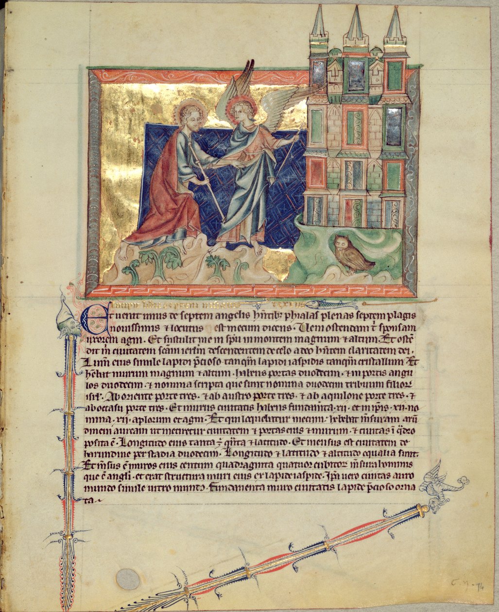 Ms L.A. 139-Lisboa fol.74 En engel, der viser det nye Jerusalem til St. John the Evangelist, fra Gubenkian Apocalypse, ca. 1265-70 af English School