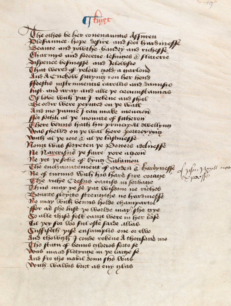 Ms. New Coll 314, f19r, The Canterbury Tales af Geoffrey Chaucer (pen og blæk på pergament) af English School