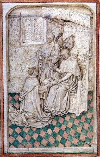 Ms R 14.5 f.8v Thomas Bekynton, biskop af Bath og Wells, modtager Chaundler, fra Abingdon Missal, 1457-61 af English School