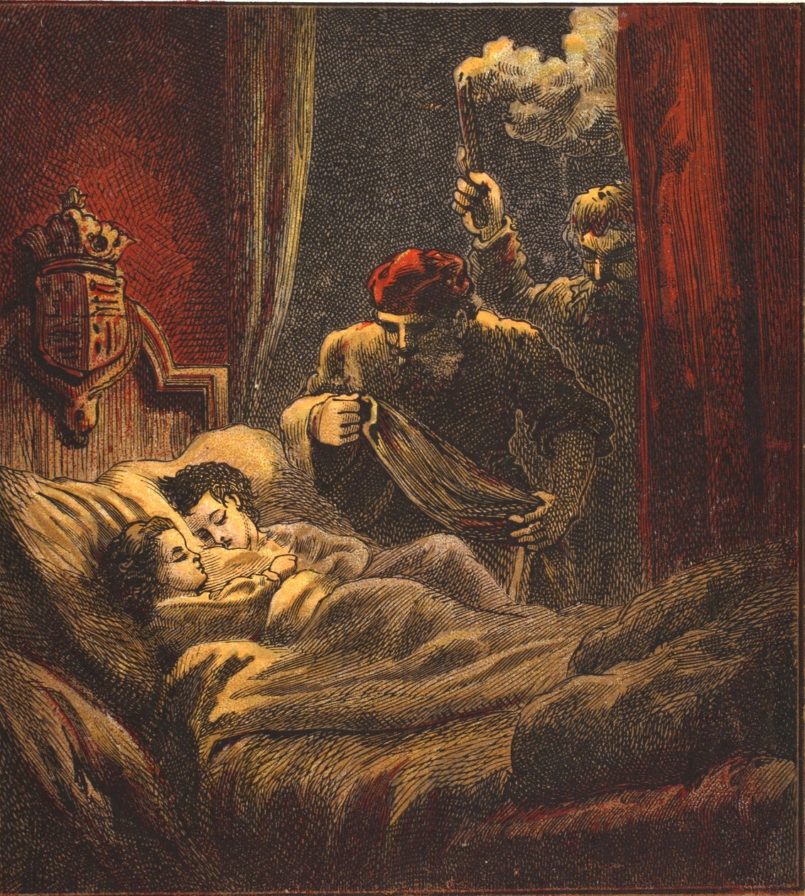 Mordet på de små prinser, pub. 1890 (farvelitografi) af English School