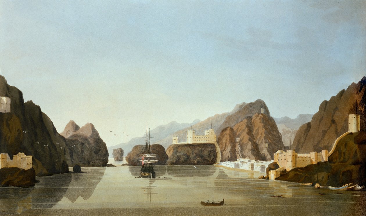 Muscat fra havnen med en britisk fregat for anker, fra Sixteen Views of Places in the Persian Golf, af løjtnant R. Temple, udgivet 1813 (akvatint) af English School