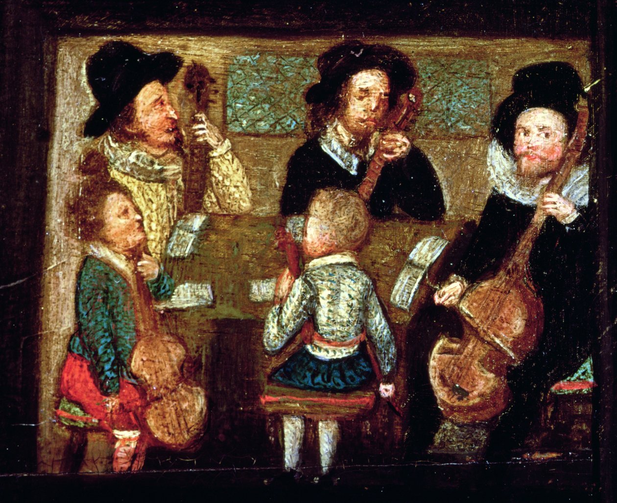 Musicians at Wadley House, detaljer fra The Life and Death of Sir Henry Unton (1557-96), ca. 1596 (se også 99909) af English School