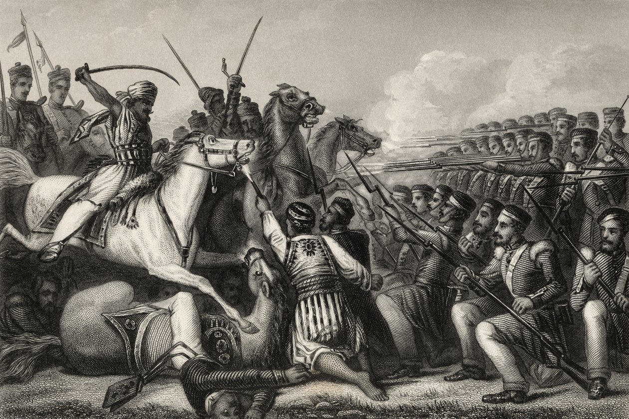 Mutineres kavaleri angriber en infanterikæde i slaget ved Cawnpore i 1857, fra "The History of the Indian Mutiny", udgivet i 1858 af English School