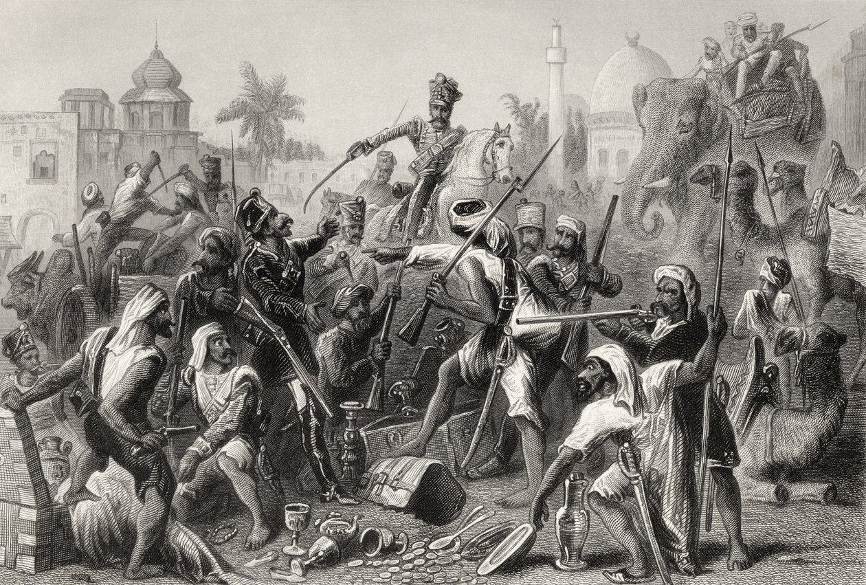 Mytteriske sepoyer fordeler bytte, fra "The History of the Indian Mutiny", udgivet i 1858 af English School