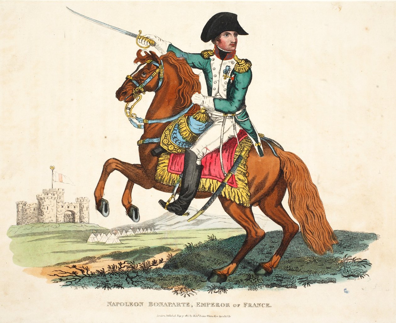 Napoleon Bonaparte, kejser af Frankrig, indgraveret af Romney, pub. af Richard Evans, illustration fra An Historical Account of the Battle of Waterloo af William Mudford, 1816 af English School