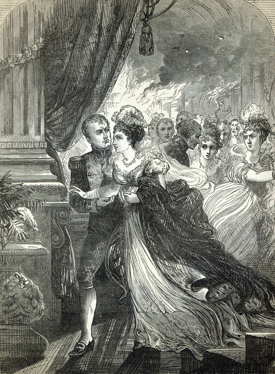 Napoleon og Marie-Louise flygtede fra ilden ved bal givet den 1. juli 1810 af den østrigske ambassadør til ære for det kejserlige pars ægteskab af English School