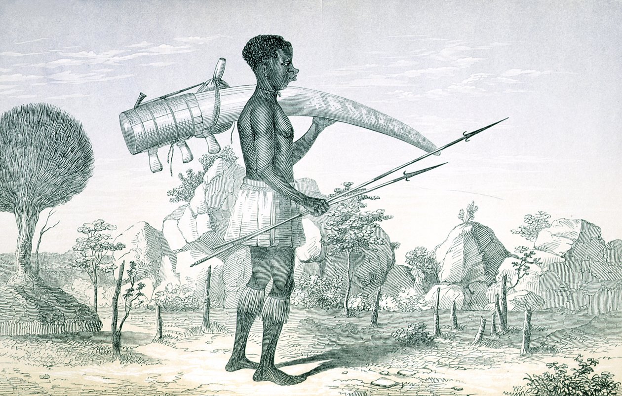 Indfødt med en dekoreret elfenbens elefantstødtand, fra søregionerne i Centralafrika, af Richard F. Burton (1821-90), 1860 af English School