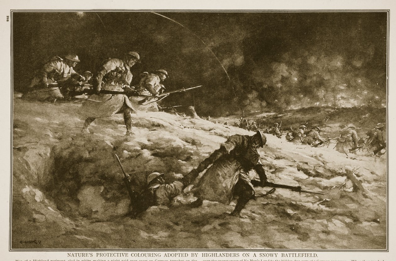 Naturens beskyttende farve, adopteret af Highlanders på en sneklædt slagmark, 1914-19 af English School
