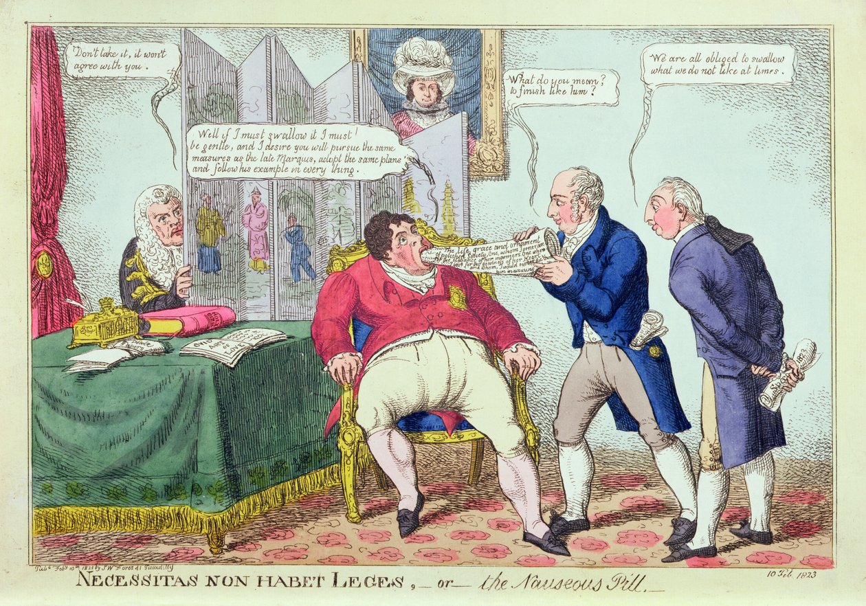Nødvendighed har ikke love, eller kvalmepillen, 1823 (håndfarvet gravering) af English School