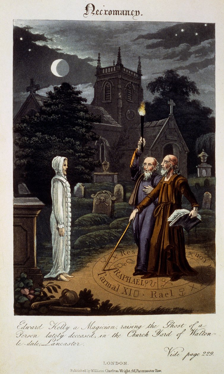 Necromancy: Edward Kelly, en tryllekunstner, der rejser spøgelsen af en for nylig afdød person, i Church Yard of Walton-le-dale, Lancaster, fra 