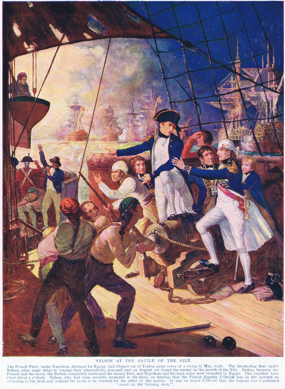 Nelson ved slaget ved Nilen, illustration fra Hutchinsons History of the Nations, ca. 1910 af English School