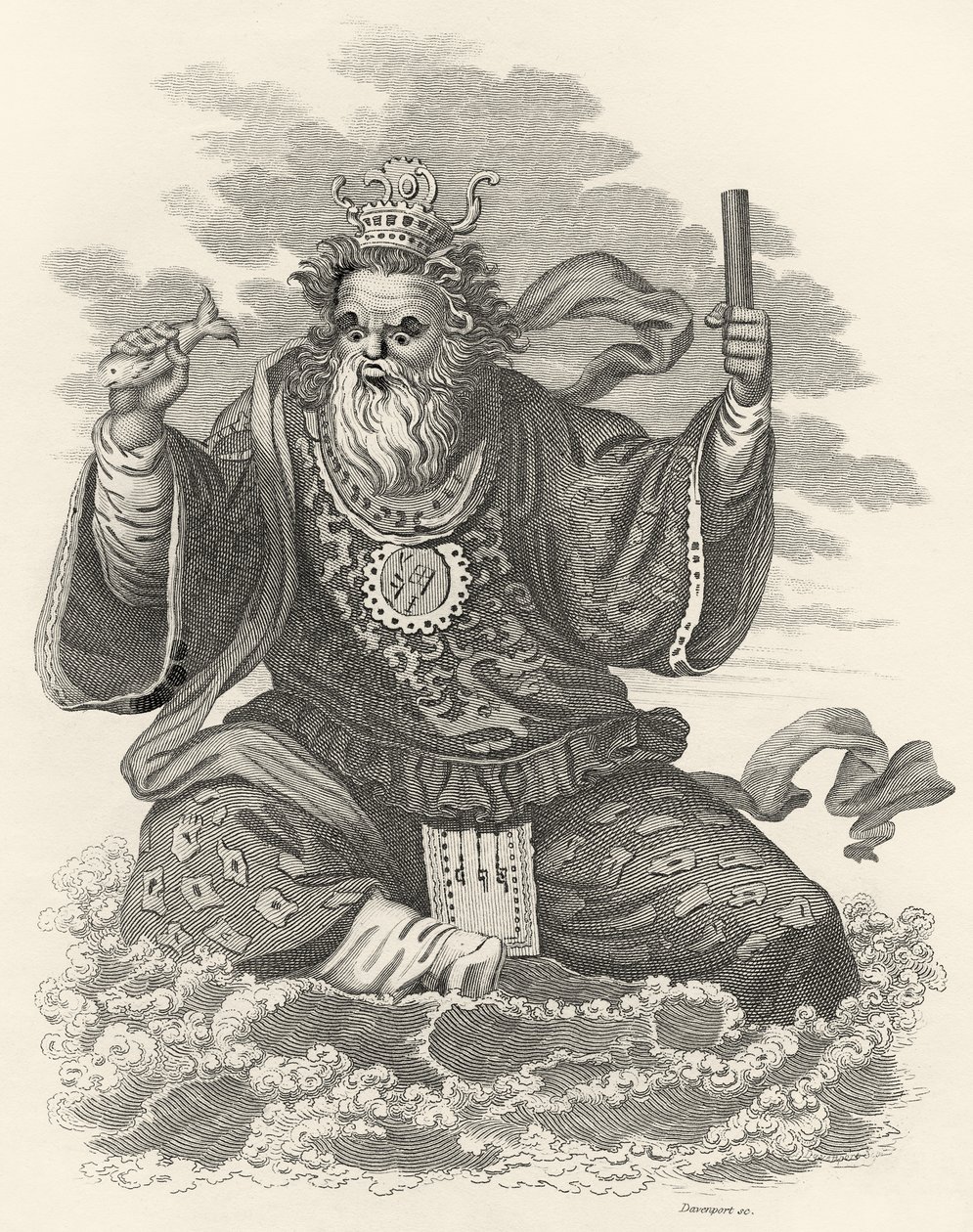 Kinesernes Neptun, illustration fra Verden: eller universets nuværende tilstand, der er en generel og komplet samling af moderne rejser og rejser, af Cavendish Pelham, udgivet, London af English School