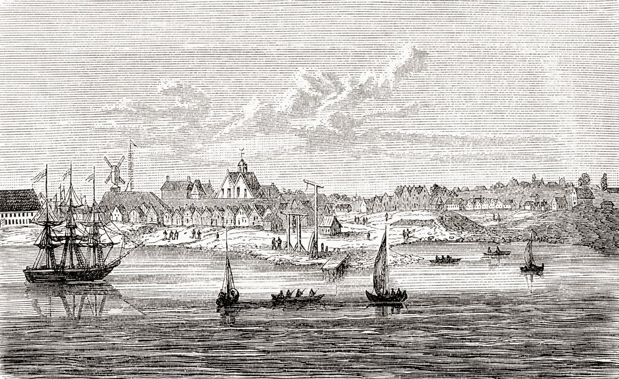 New Amsterdam, en hollandsk bosættelse fra det 17. århundrede på sydspidsen af Manhattan Island, Amerika, fra Ward and Lock
