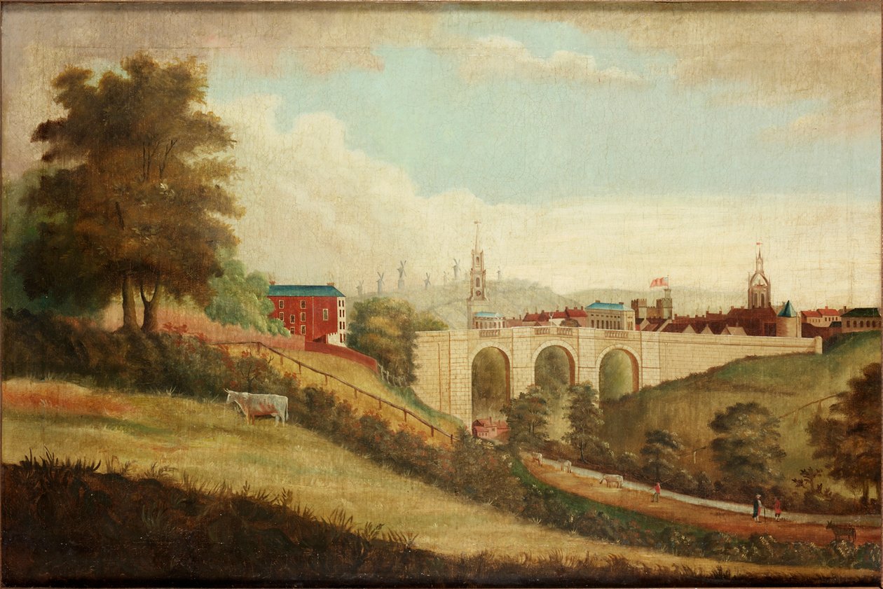 Ny bro over Pandon Dene, Newcastle upon Tyne, ca. 1812 af English School