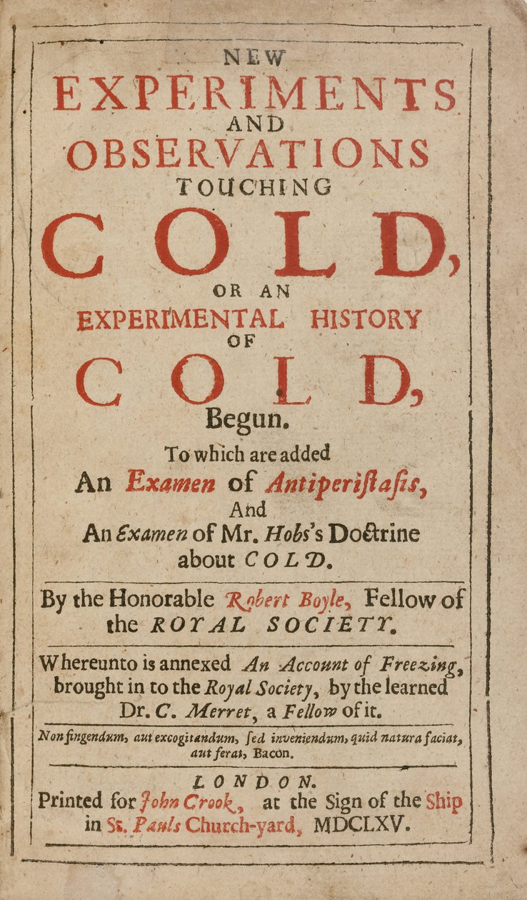 New Experiments and Observations touching Cold, or an Experimental History of Cold, by Robert Boyledani af English School