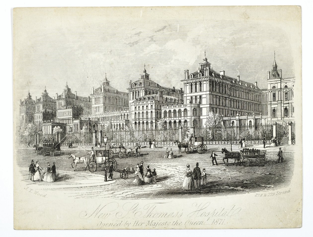 New St. Thomass Hospital, åbnet af Hendes Majestæt Dronningen 1871, pub. J.T. Træ af English School