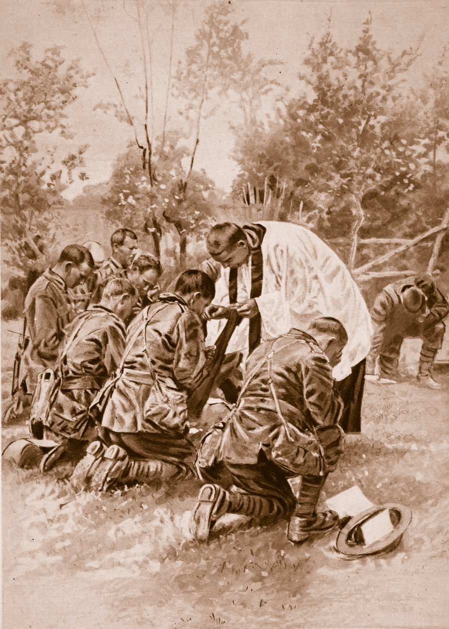New Zealands hærpræst administrerer hellig nadver til soldater før kamp, 1914-19 af English School