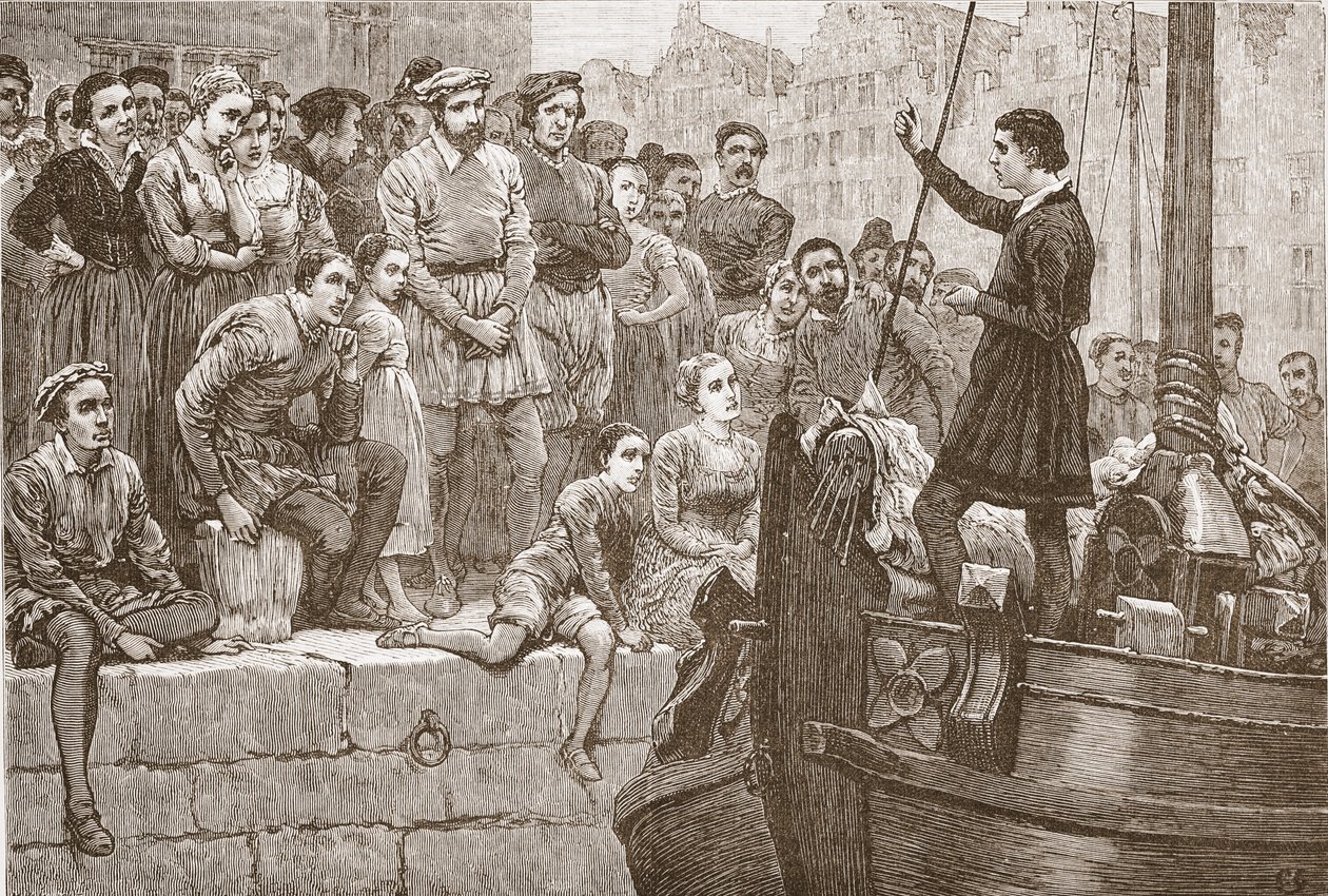 Nicholas prædiker for publikum fra en båd på Schelde, illustration fra The History of Protestantism af James Aitken Wylie (1808-1890), pub. 1878 af English School