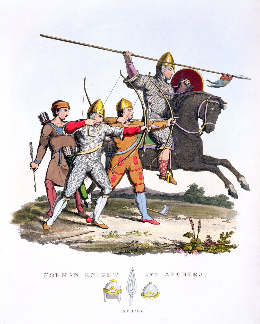 Norman Knight and Archers, 1066, fra Ancient Armour, af Samuel Rush Meyrick, 1824 af English School