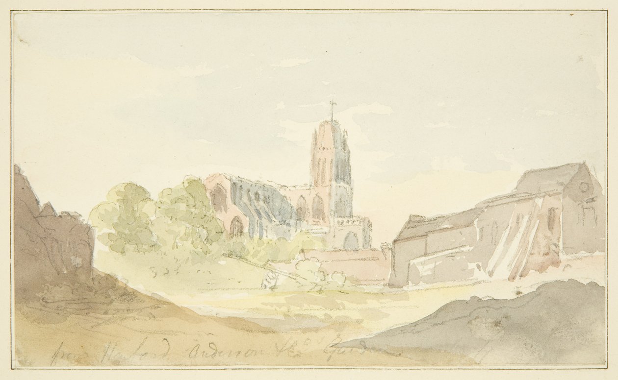Nordøst udsigt over St Mary Redcliffe fra Harford Anderson Garden (blyant og akvarel på papir) af English School