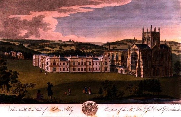 Nordvestudsigt over Milton Abbey, sæde for den højre ærede Joseph, jarl af Dorchester, indgraveret af Edward Rooker (ca. 1712-74) af English School