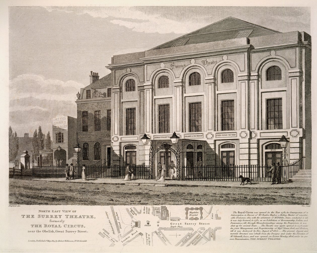 Nordøst udsigt over Surrey Theatre, tidligere The Royal Circus nær obelisken, Great Surrey Street, 1814 af English School