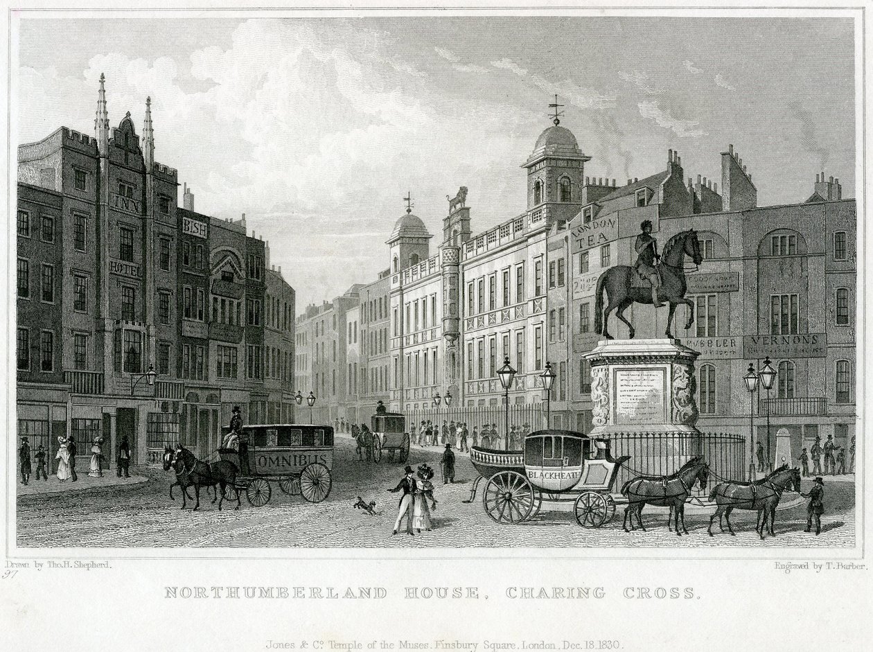 Northumberland House, Charing Cross. Bishs Lottery Office, No 9 Charing Cross, er nabo til Golden Cross Hotel af English School