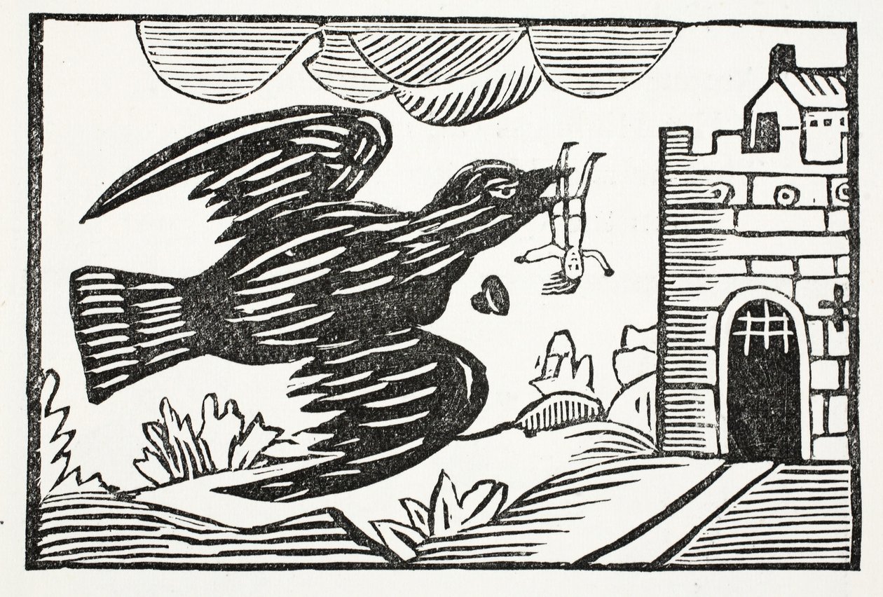 Nu af en ravn med stor styrke, blev stakkels Tom Bort båret, illustration fra Chap-books of the Eighteenth Century af John Ashton, pub. 1882 af English School