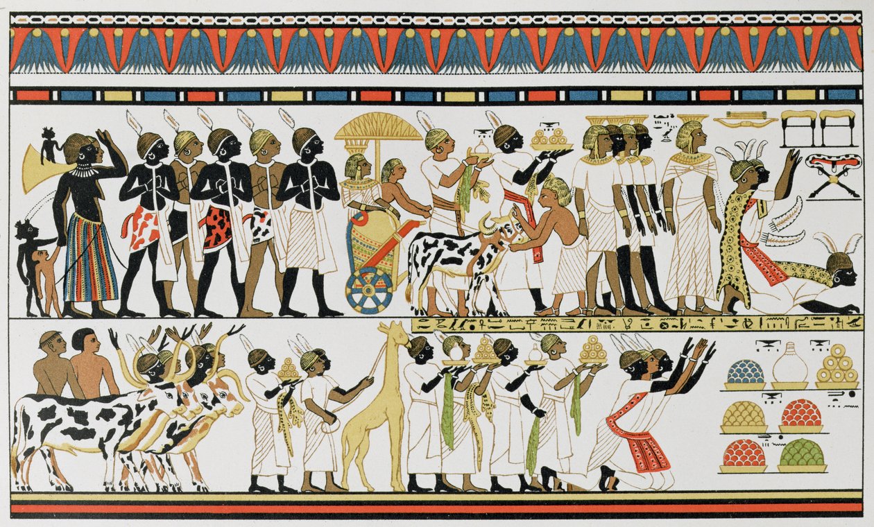 Nubiske høvdinge bringer gaver til kongen af Egypten, kopi af et oldægyptisk vægmaleri fra en grav i Theben, ca. 1380 f.Kr., fra The History of Mankind, bind III, af prof. Friedrich Ratzel, 1898 af English School