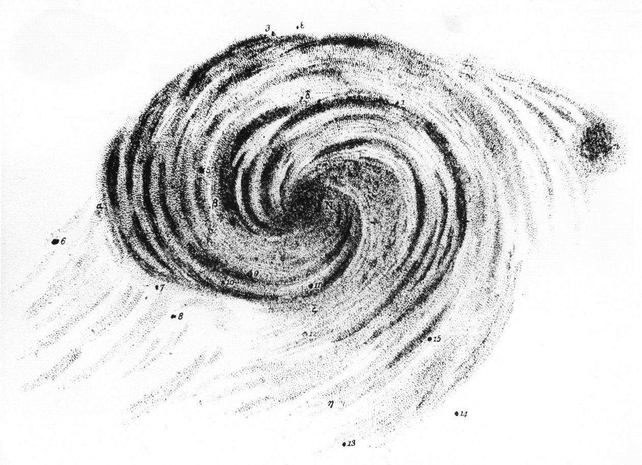 Observation af hvirvelgalaksen i Canes Venatici, fra Observations of Nebulae, af Lord Rosse, udgivet i London, 1850 af English School