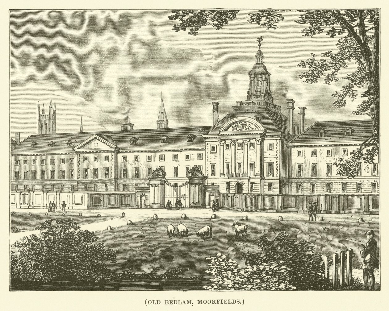 Old Bedlam, Moorfields (gravering) af English School