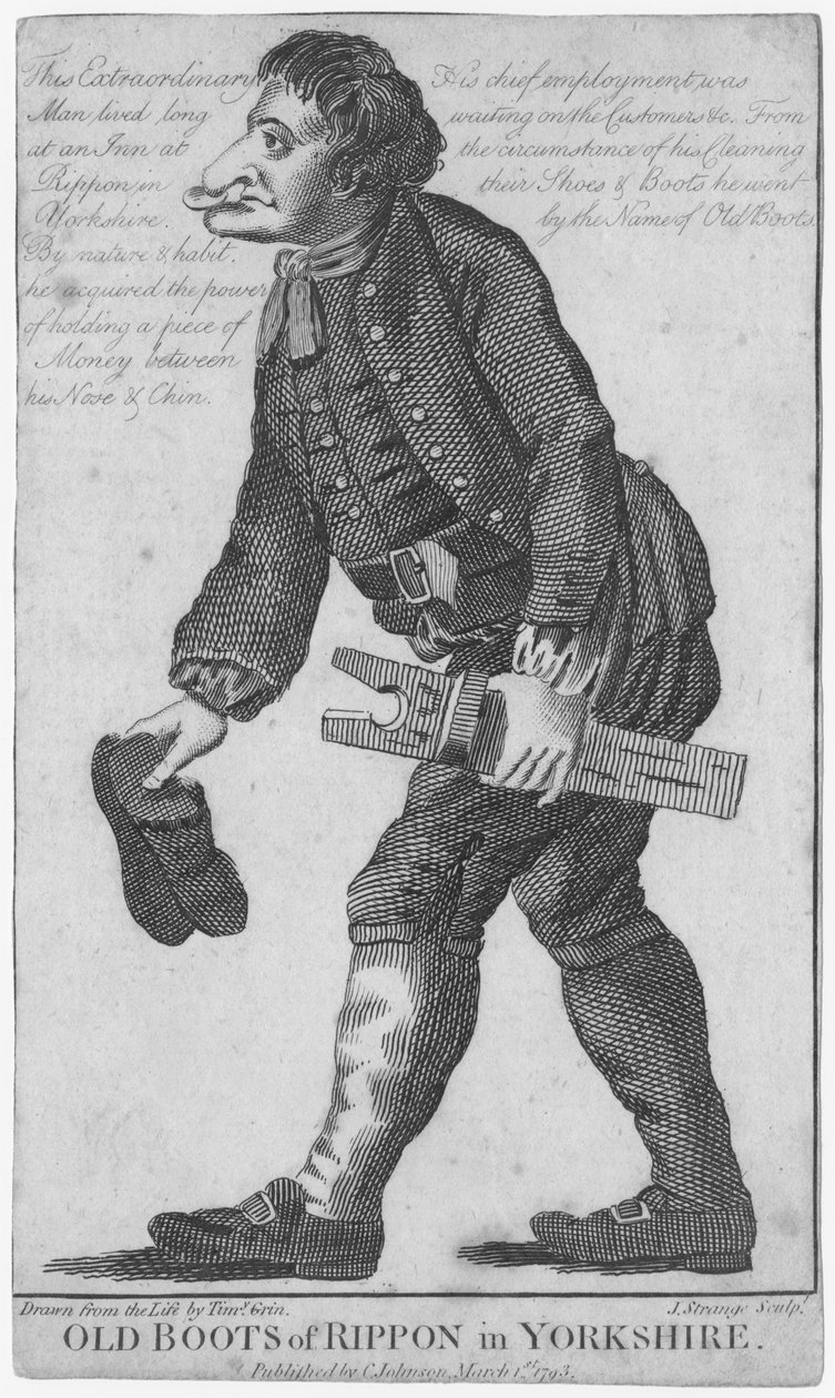 Old Boots of Rippon i Yorkshire, indgraveret af J. Strange (1700-tallet) efter en tegning af Timothy Grin, udgivet af C. Johnson, 1793 af English School