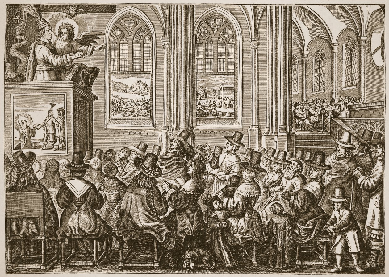 Oliver Cromwell prædiker for en puritansk menighed, illustration fra The Church of England: A History for the People af H.D.M. Spence-Jones, pub. ca. 1910 (sepiafoto) af English School