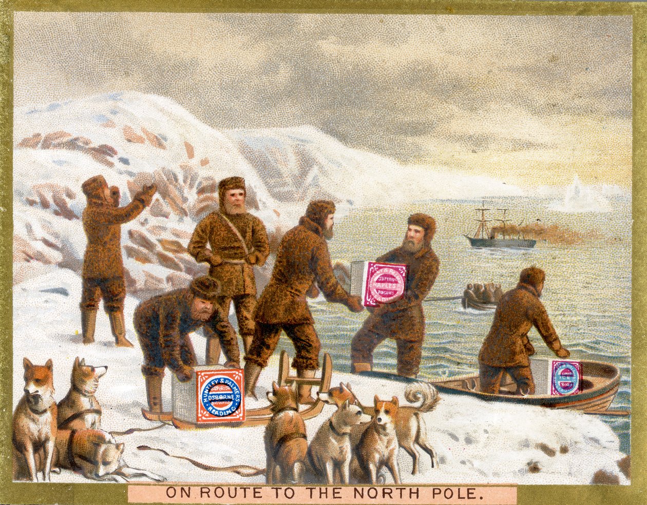 On Route to the North Pole, et salgsfremmende kort til Huntley & Palmers Biscuits, ca. 1890 af English School