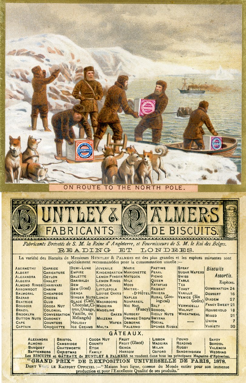 På vej til Nordpolen, foran og bag på et salgsfremmende kort til Huntley & Palmers Biscuits, produceret til det franske marked, 1890 af English School